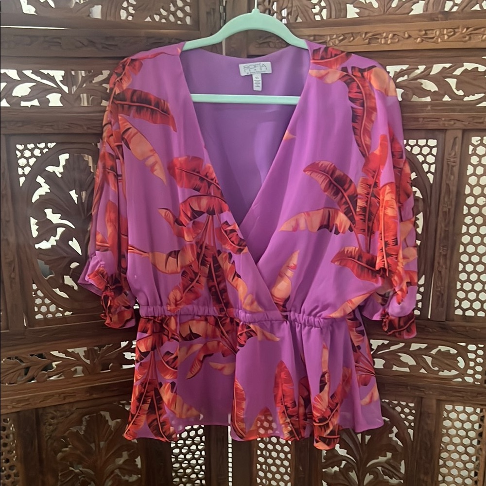 Sofia by Sofia Vergara V-Neck Blouse in Purple and Orange, size XL